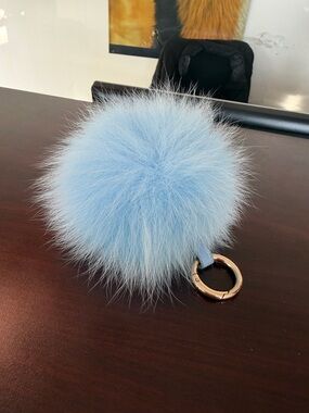 Plush Light Blue Pom Pom Keychain with Gold Ring